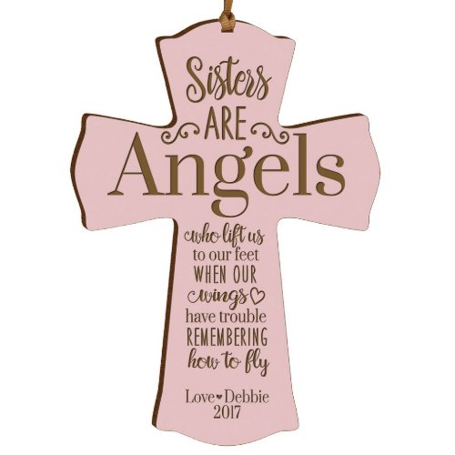 Sisters Are Angels Pink Wooden Cross Ornament