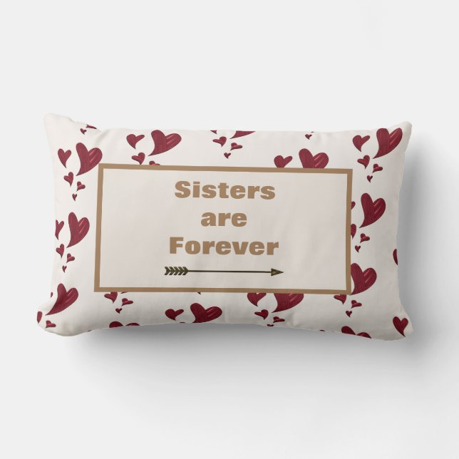 Sisters are Forever Gold Arrow Painted Red Hearts Lumbar Pillow (Front)