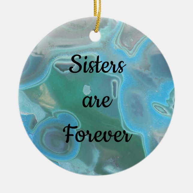 Sisters are Forever Light Blue Marbled Photo Gem Ceramic Ornament (Front)