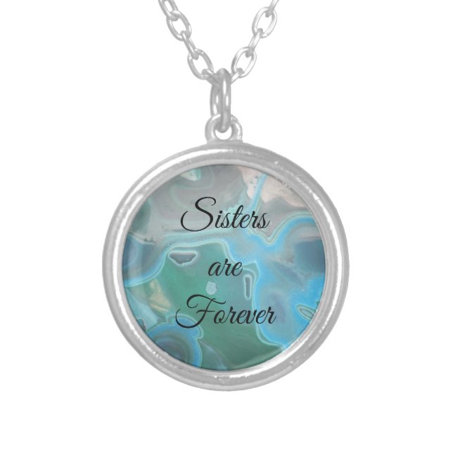 Sisters are Forever Unique Blue Marbled Gemstone Silver Plated Necklace (Front)