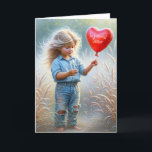 Sister's Birthday Red Heart Balloon Card<br><div class="desc">Barefoot little girl wearing ripped denim jeans and holding a red heart balloon in a country field for a sister's birthday.
All text can be changed.</div>