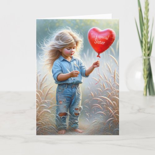 Sisters Birthday Red Heart Balloon Card