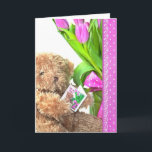 Sister's Birthday Teddy Bear  Card<br><div class="desc">Teddy bear with pink tulip bouquet and polka dot border and lace for Sister's Birthday.</div>