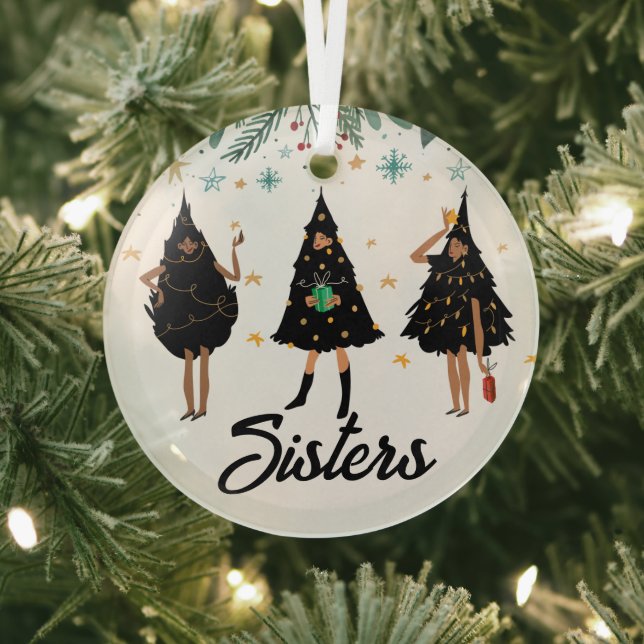 Sisters! Black Women, Black Christmas Tree Glass Ornament (Insitu)
