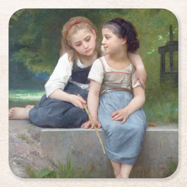 Sisters, Bouguereau Square Paper Coaster (Front)