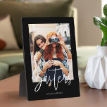 Sisters Brush Script Modern Photo Layout Black Plaque<br><div class="desc">A special and memorable photo collage gift for sisters. The design features a full photo layout to display your own special sister photo. "Sisters" is designed in a stylish white brush script modern calligraphy with names displayed below. Send a memorable and special gift to yourself and your sister(s) that you...</div>