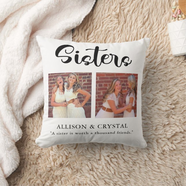  Sisters Calligraphy 2 Photo Collage Quote Siblin Throw Pillow (Blanket)