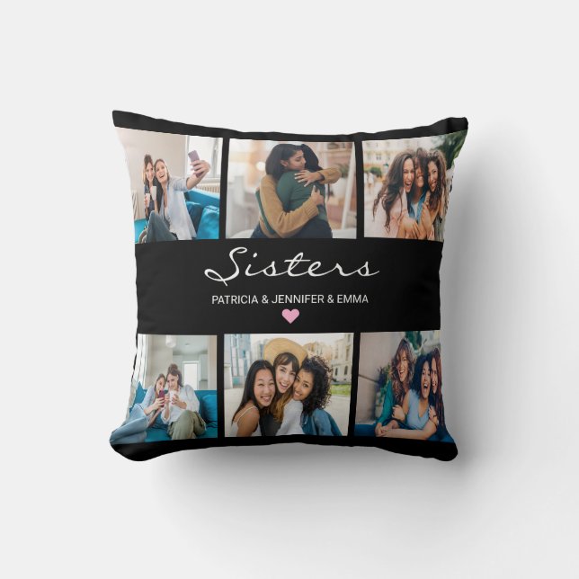 Sisters calligraphy script | Simple Photo Collage  Throw Pillow (Front)