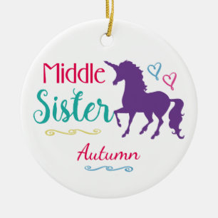 Sisters Colorful Unicorn Middle Sister Christmas Ceramic Ornament