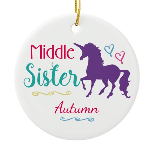 Sisters Colorful Unicorn Middle Sister Christmas Ceramic Ornament