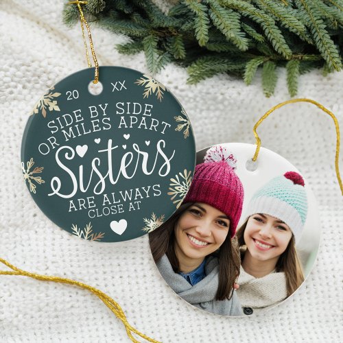 Sisters Connected At Heart Photo Keepsake Green Ceramic Ornament