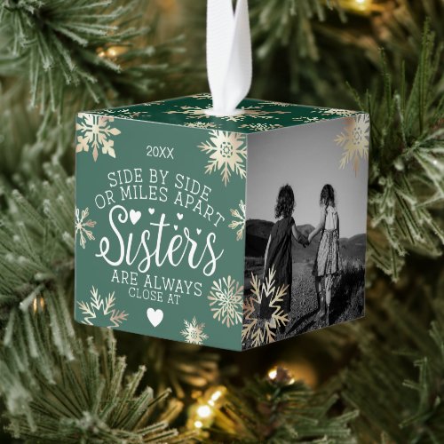 Sisters Connected At Heart Photo Keepsake Green Cube Ornament
