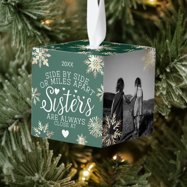 Sisters Connected At Heart Photo Keepsake Green Cube Ornament (Tree)