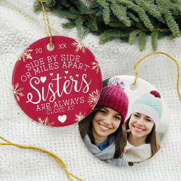 Sisters Connected At Heart Photo Keepsake Red Ceramic Ornament