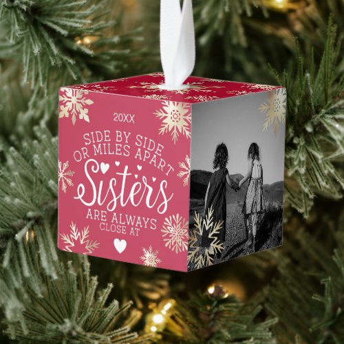 Sisters Connected At Heart Photo Keepsake Red Cube Ornament