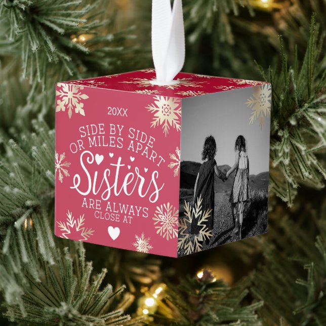 Sisters Connected At Heart Photo Keepsake Red Cube Ornament (Tree)