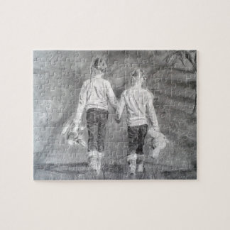 Sisters drawing jigsaw puzzle