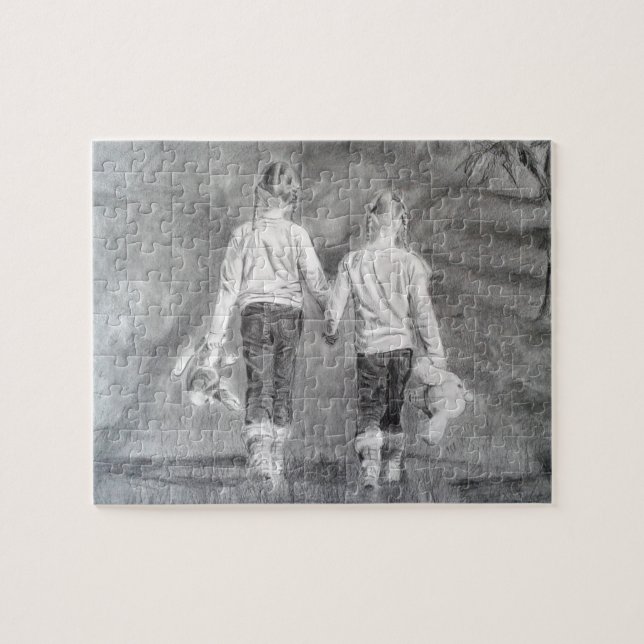 Sisters drawing jigsaw puzzle (Horizontal)