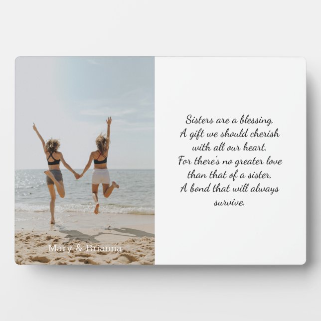 Sisters Elegant Script Photo Poem White Overlay Plaque (Front)