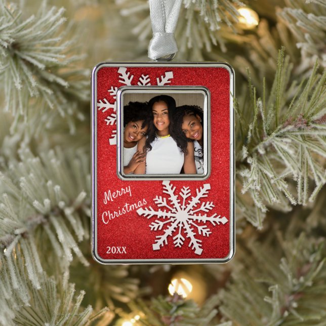 Sisters / Family Snowflake and Red Glitter Christmas Ornament (Tree)