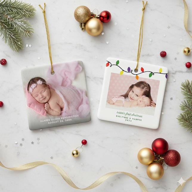 Sister's First Christmas Colorful Lights Photo Ceramic Ornament (Sister's First Christmas Colorful Lights Photo Ceramic Ornament)