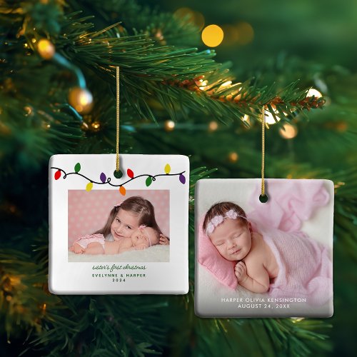 Sisters First Christmas Colorful Lights Photo Ceramic Ornament