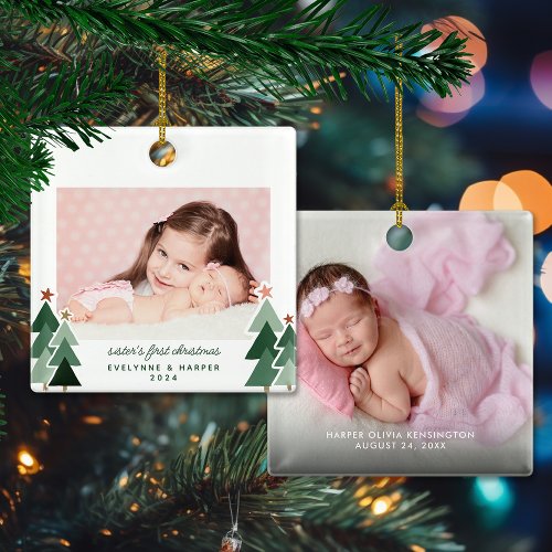 Sisters First Christmas Rustic Trees 2 Photos Ceramic Ornament