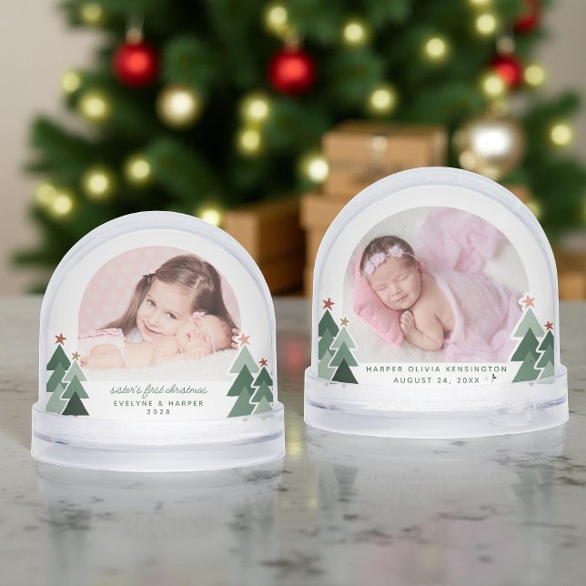 Sisters First Christmas Rustic Trees 2 Photos Snow Globe (Sisters First Christmas Rustic Trees 2 Photos Snow Globe)