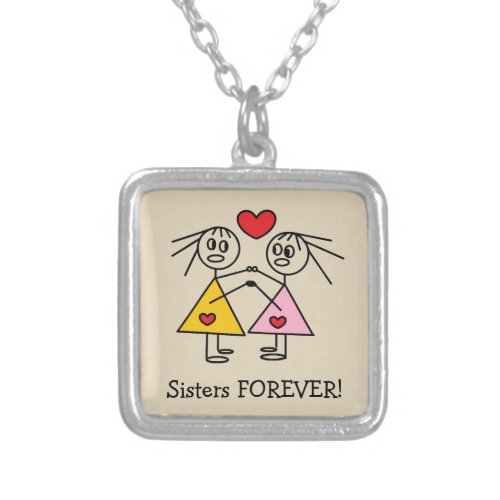 Sisters Forever Adorable Stick Figure Sisters Silver Plated Necklace