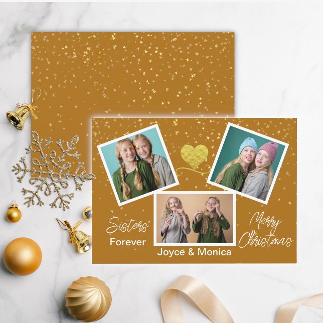 Sisters Forever Christmas Brown Photo Collage  Holiday Card (Creator Uploaded)