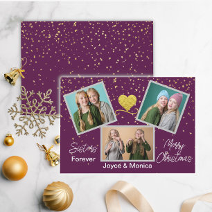 Sisters Forever Christmas Purple Photo Collage Holiday Card