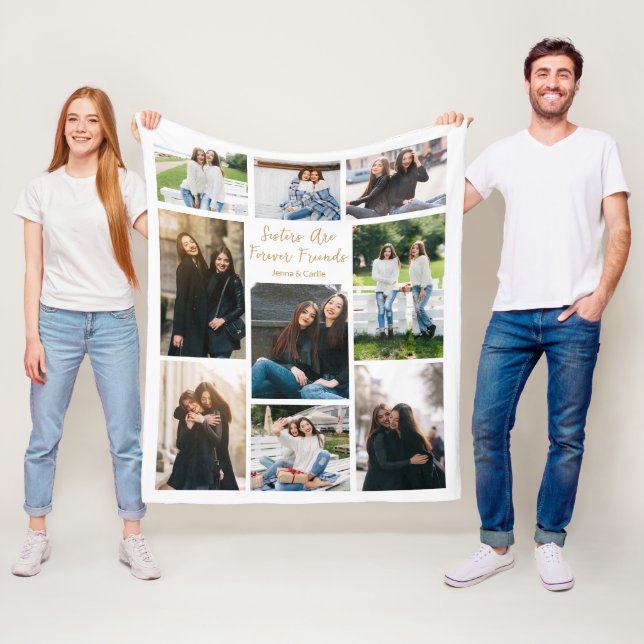 Sisters Forever Friends Photo Collage Custom Quote Fleece Blanket (In Situ)