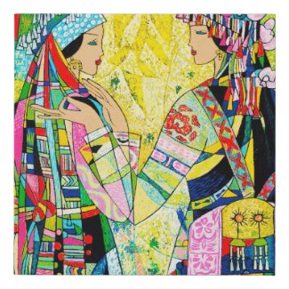 Sisters Hao Ping oriental abstract ladies girls Faux Canvas Print