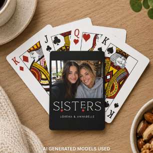 Sisters Heart Typography Black Photo Poker Cards