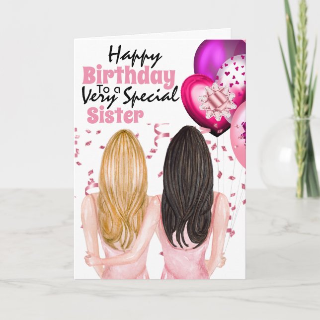 Sisters holding pink balloons confetti wishes card (Front)