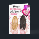 Sisters holding pink balloons confetti wishes card<br><div class="desc">A beautiful illustration of a woman with long blonde hair holding a of vibrant pink, purple and fuchsia colored balloons sitting with her arm around her sister who has long dark colored hair. They are surpassed by soft pink confetti ribbons and glitter. The words, happy birthday to a very special...</div>