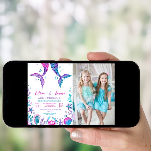 Sisters Joint Birthday Mermaid Pool Party Photo Invitation (Front Digital)