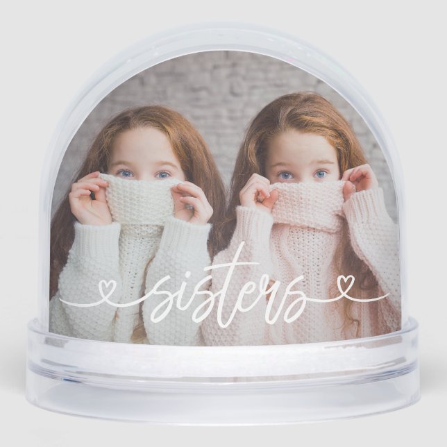 Sisters Love Hearts Personalized Photo Snow Globe (Front)