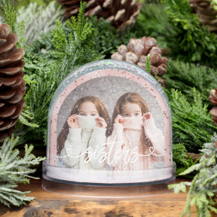 Sisters Love Hearts Pink Personalized Photo Snow Globe