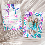Sisters Mermaid Joint Birthday Party Photo Invitation<br><div class="desc">This watercolor mermaid joint birthday party invitation is ideal for a sisters or two close friends birthday party. On the front of the invitation are two hand painted watercolor mermaid tails with coral, sea shells and sea creatures in a color palette of turquoise, pink and purple. On the back of...</div>