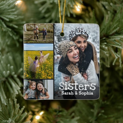 Sisters Modern Personalized 8 Photo Collage Ceramic Ornament