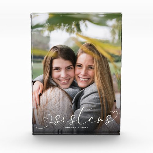 SISTERS Modern Script Calligraphy Heart Love Photo Block