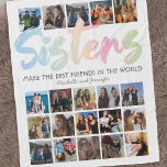 Sisters Pastel Rainbow Photo Fleece Blanket<br><div class="desc">Custom sister fleecy blanket featuring a simple white background that can be changed to any color,  the word "sisters" in a pastel rainbow gradient script font,  a sibling quote,  your names,  and a 20 square photo collage template for you to personalize with your own images.</div>