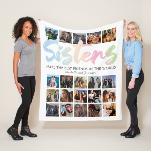 Sisters Pastel Rainbow Photo Fleece Blanket - Custom sister fleecy blanket featuring a simple white background that can be changed to any color, the word "sisters" in a pastel rainbow gradient script font, a sibling quote, your names, and a 20 square photo collage template for you to personalize with your own images.