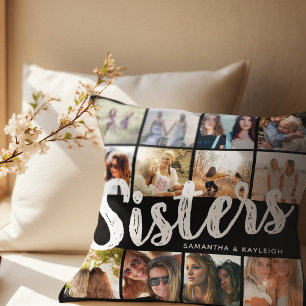 SISTERS, Photo Collage & Names Sibling Throw Pillow