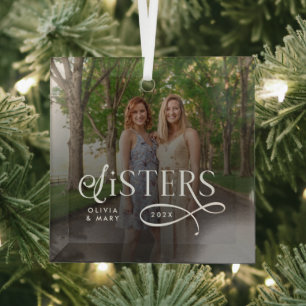 Sisters Photo Personalized Monogram Glass Ornament