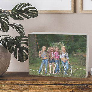 Sisters Photo White Script Custom Wooden Box Sign