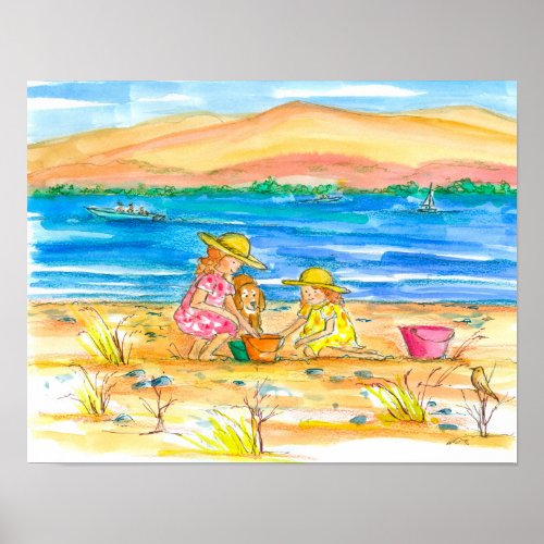 Sisters Playing At The Beach Watercolor Poster