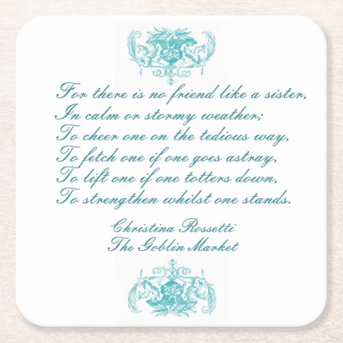 Sisters Poem by C Rosetti in Blue Square Paper Coaster