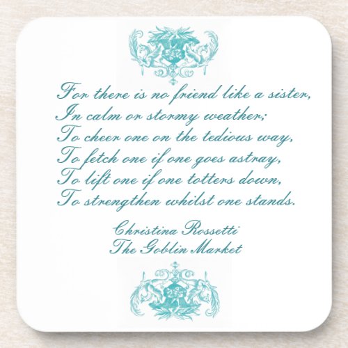 Sisters Poem by Christina Rosetti in Blue Ink Beverage Coaster